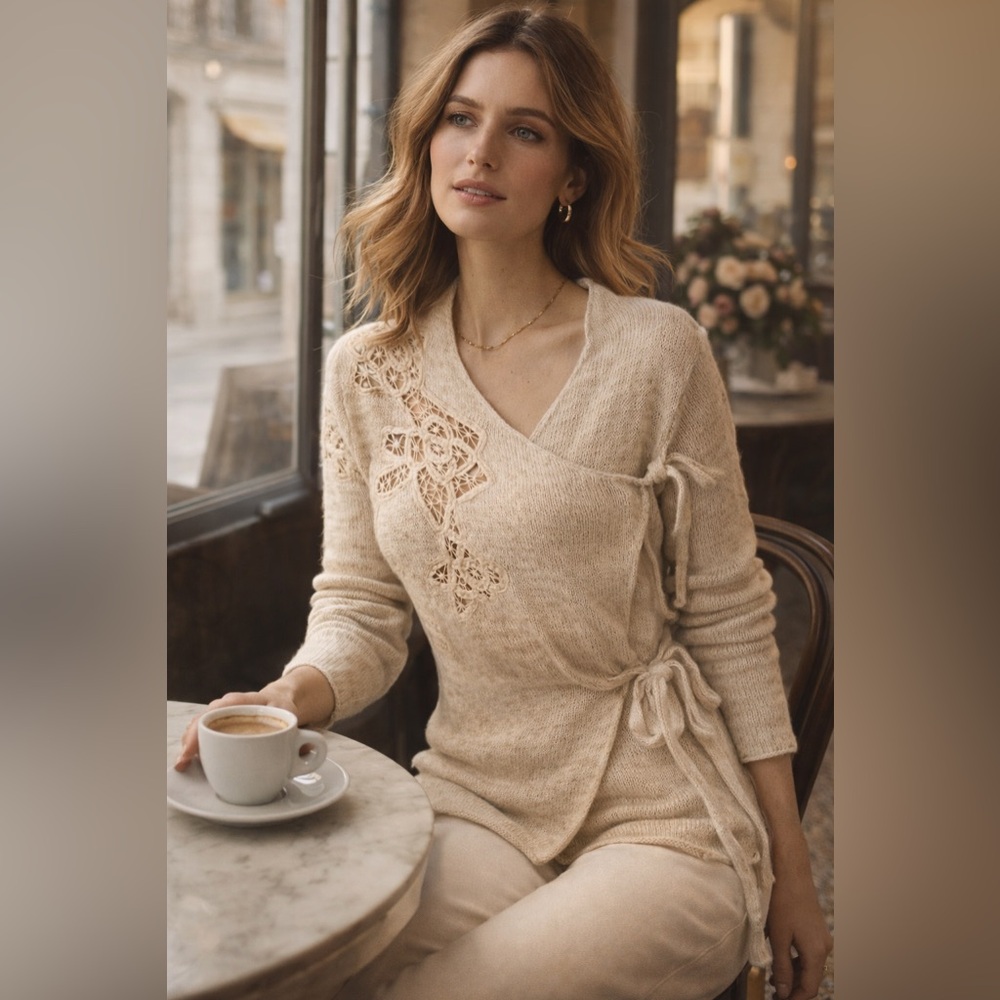 MOTH Anthropologie Knit Wrap Sweater – Artisan Appliqué Detail - Size Medium